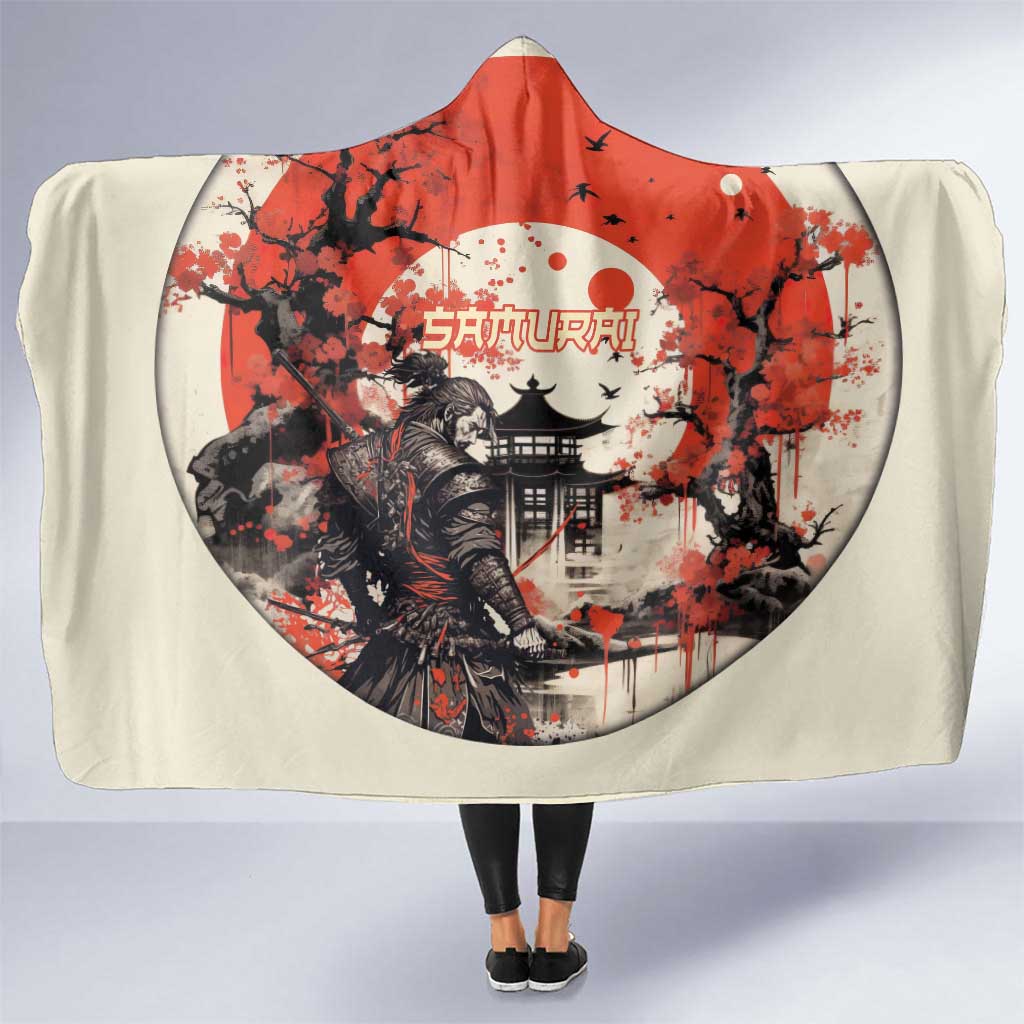 Samurai Warrior Japan Hooded Blanket Red-blossomed Tree Classic Japanese Stylized - Wonder Print Shop