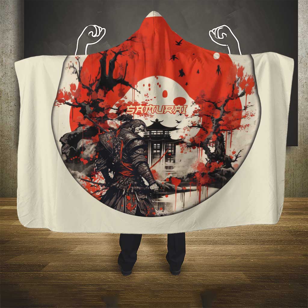 Samurai Warrior Japan Hooded Blanket Red-blossomed Tree Classic Japanese Stylized - Wonder Print Shop