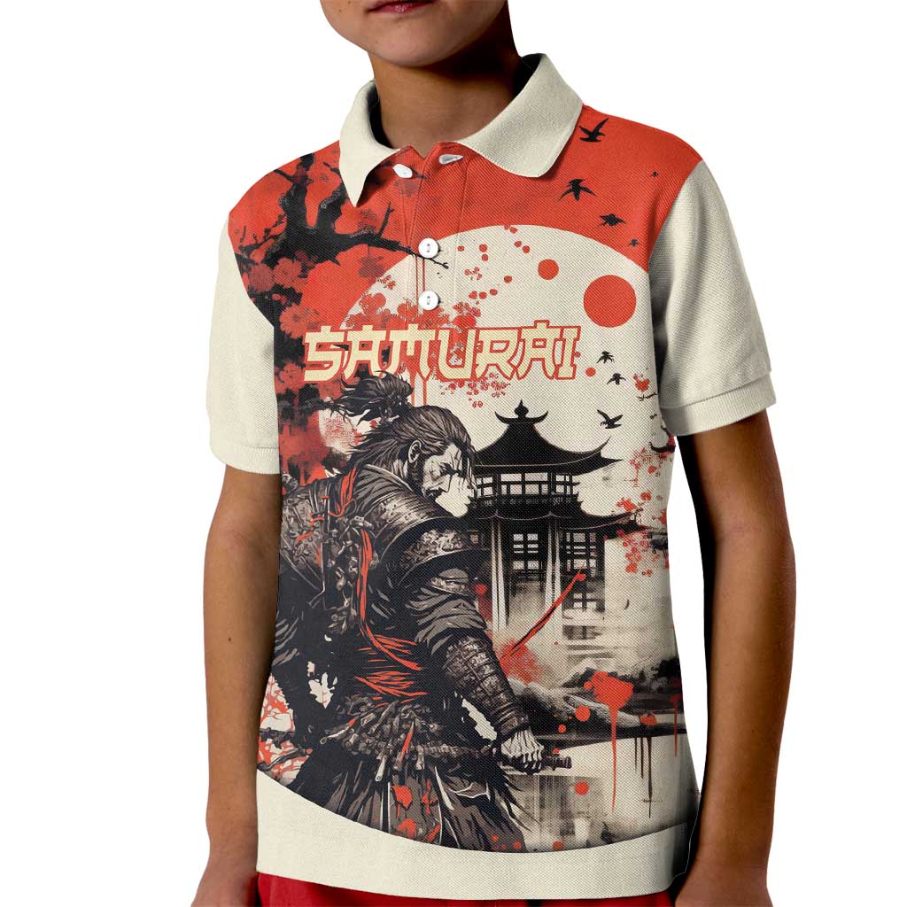 Samurai Warrior Japan Kid Polo Shirt Red-blossomed Tree Classic Japanese Stylized - Wonder Print Shop