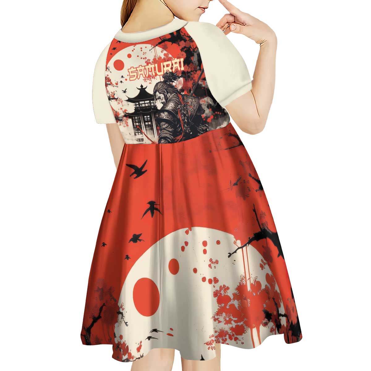 Samurai Warrior Japan Kid Short Sleeve Dress Red-blossomed Tree Classic Japanese Stylized - Wonder Print Shop
