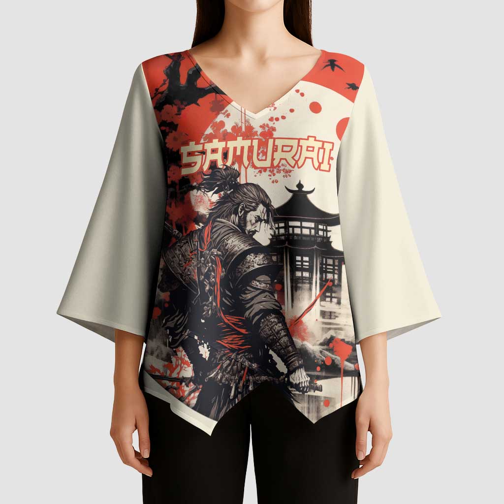 Samurai Warrior Japan Kimono Sleeve Blouse Red-blossomed Tree Classic Japanese Stylized - Wonder Print Shop