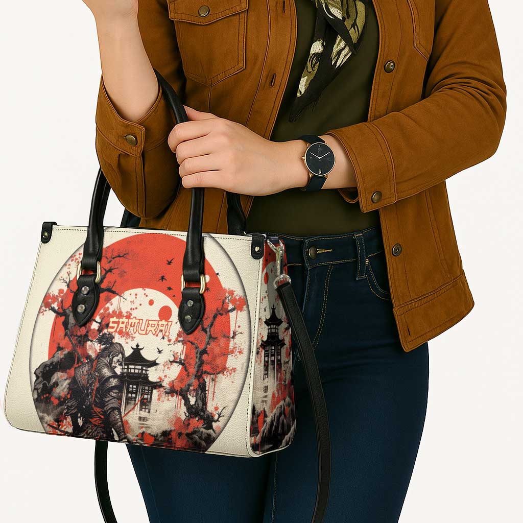 Samurai Warrior Japan Leather Bag Red-blossomed Tree Classic Japanese Stylized - Wonder Print Shop