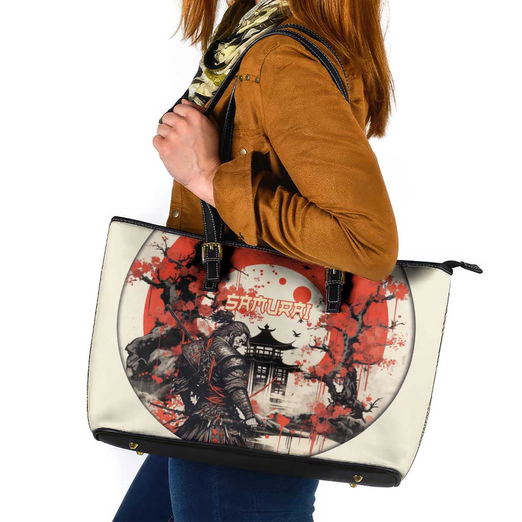 Samurai Warrior Japan Leather Tote Bag Red-blossomed Tree Classic Japanese Stylized - Wonder Print Shop