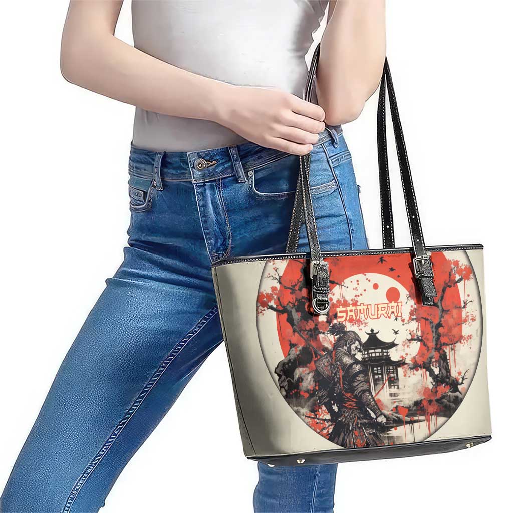 Samurai Warrior Japan Leather Tote Bag Red-blossomed Tree Classic Japanese Stylized - Wonder Print Shop