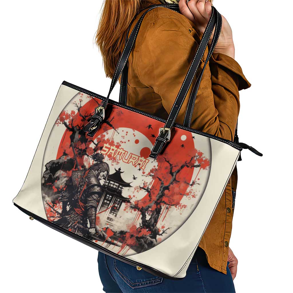 Samurai Warrior Japan Leather Tote Bag Red-blossomed Tree Classic Japanese Stylized - Wonder Print Shop