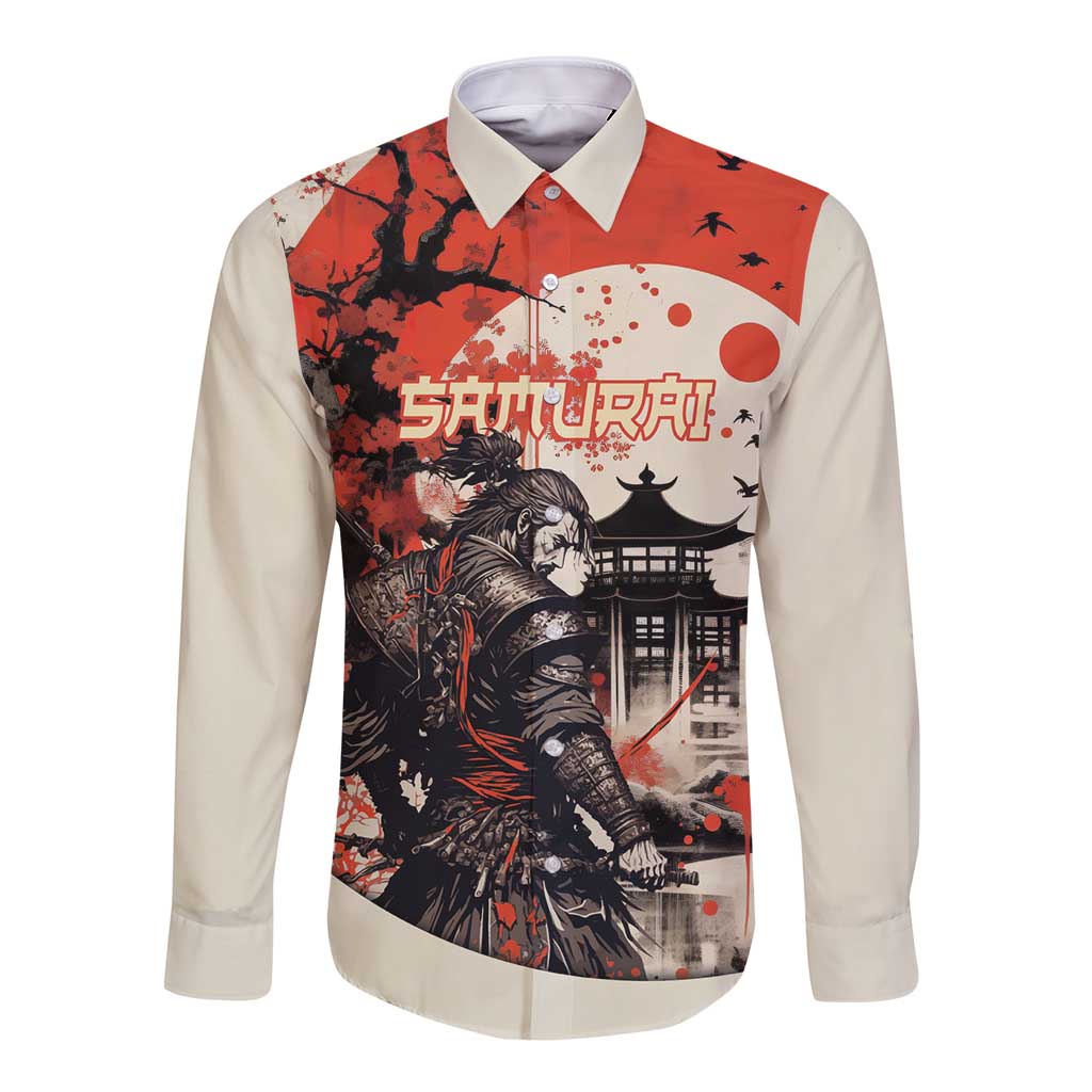 Samurai Warrior Japan Long Sleeve Button Shirt Red-blossomed Tree Classic Japanese Stylized - Wonder Print Shop