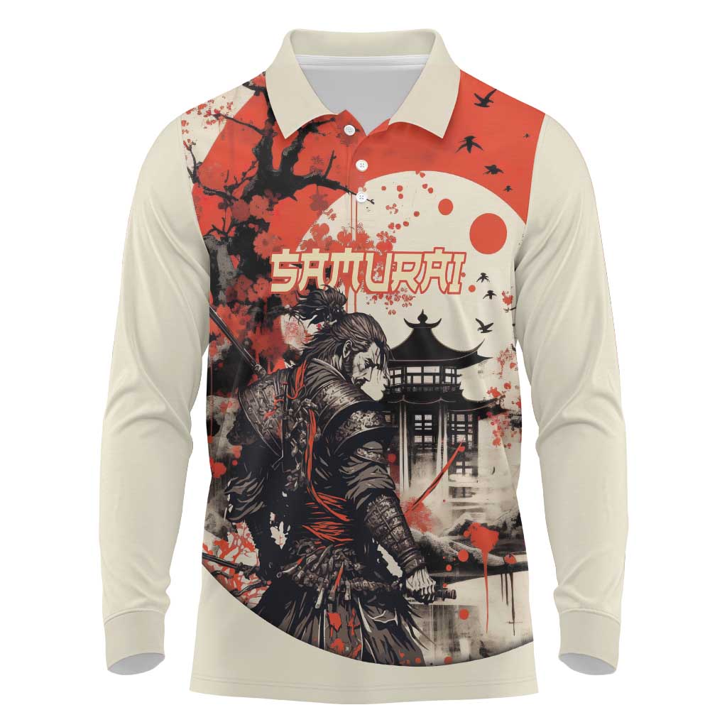 Samurai Warrior Japan Long Sleeve Polo Shirt Red-blossomed Tree Classic Japanese Stylized - Wonder Print Shop