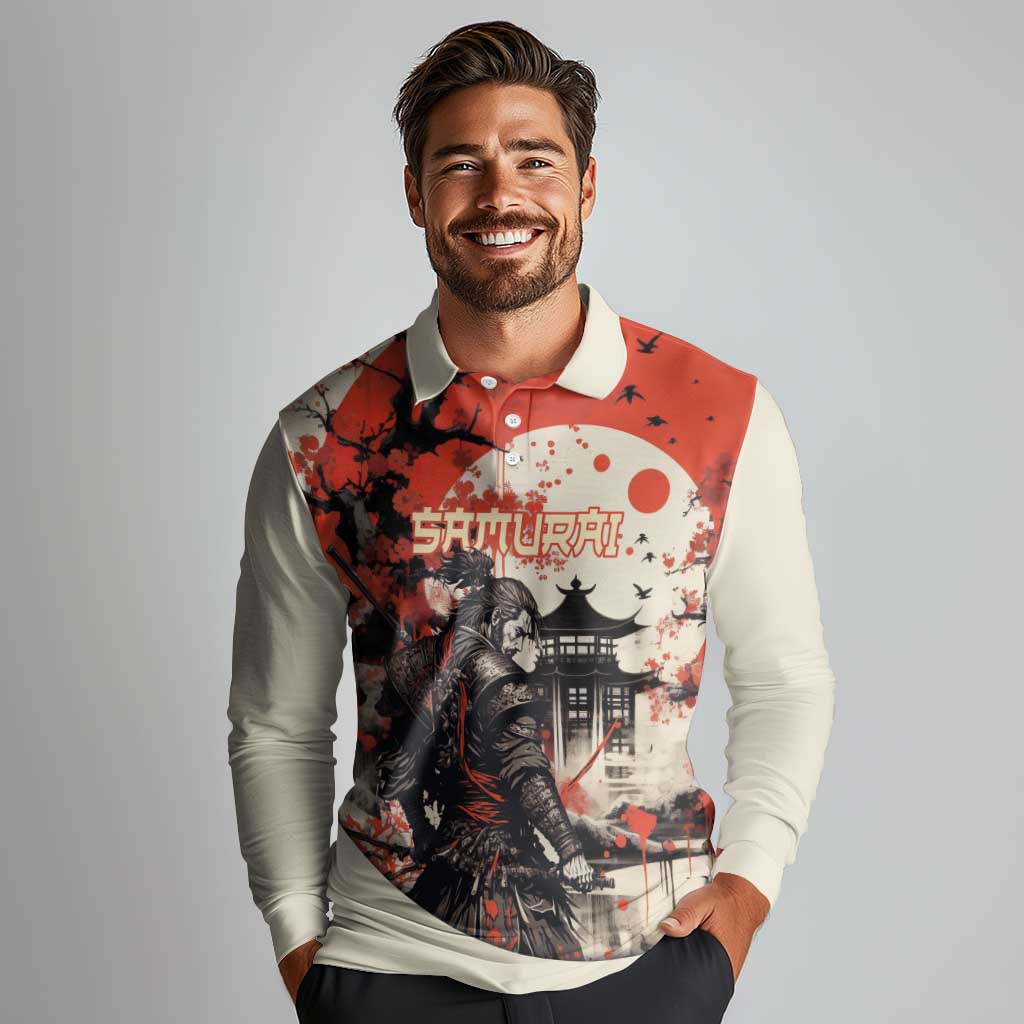 Samurai Warrior Japan Long Sleeve Polo Shirt Red-blossomed Tree Classic Japanese Stylized - Wonder Print Shop