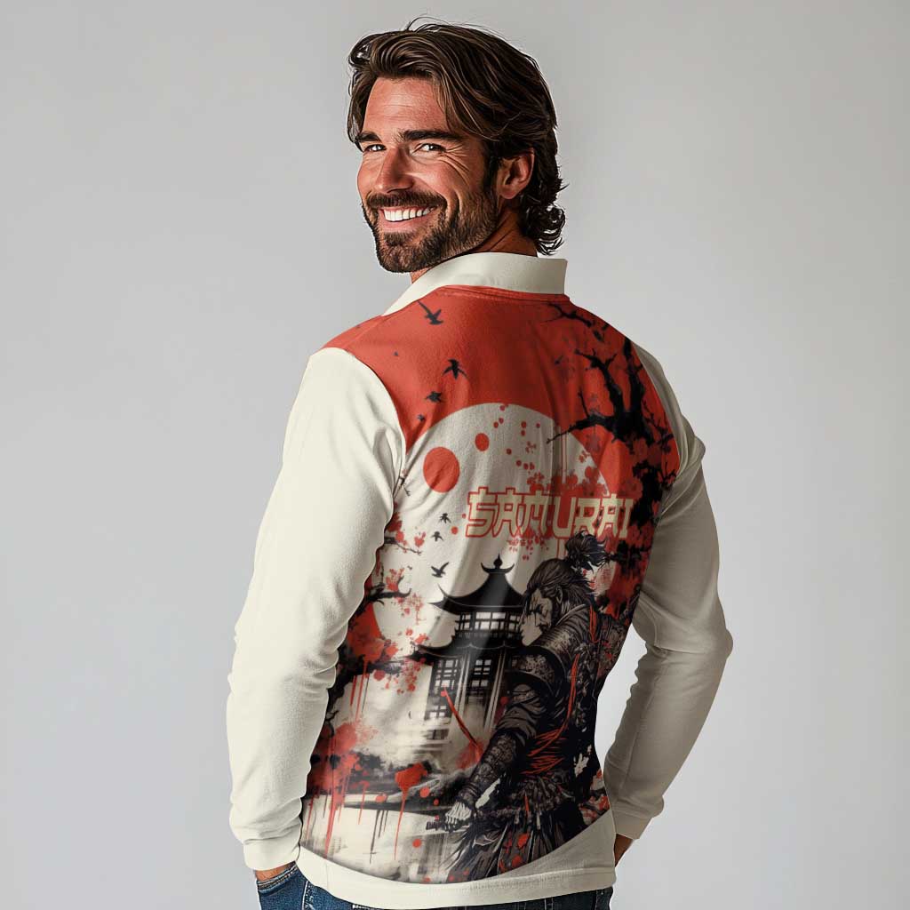 Samurai Warrior Japan Long Sleeve Polo Shirt Red-blossomed Tree Classic Japanese Stylized - Wonder Print Shop