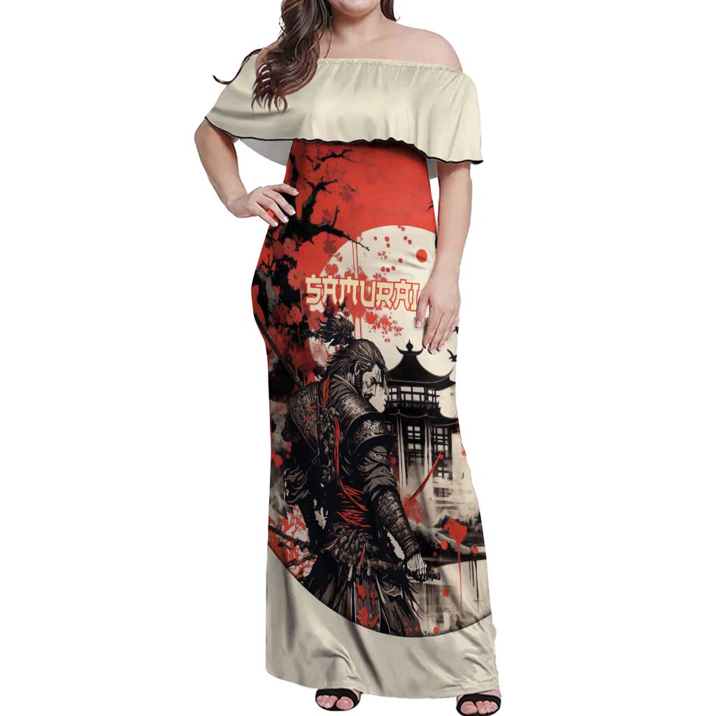 Samurai Warrior Japan Off Shoulder Maxi Dress Red-blossomed Tree Classic Japanese Stylized - Wonder Print Shop