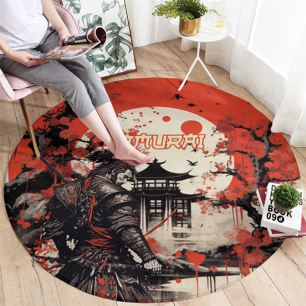Samurai Warrior Japan Round Carpet Red-blossomed Tree Classic Japanese Stylized - Wonder Print Shop
