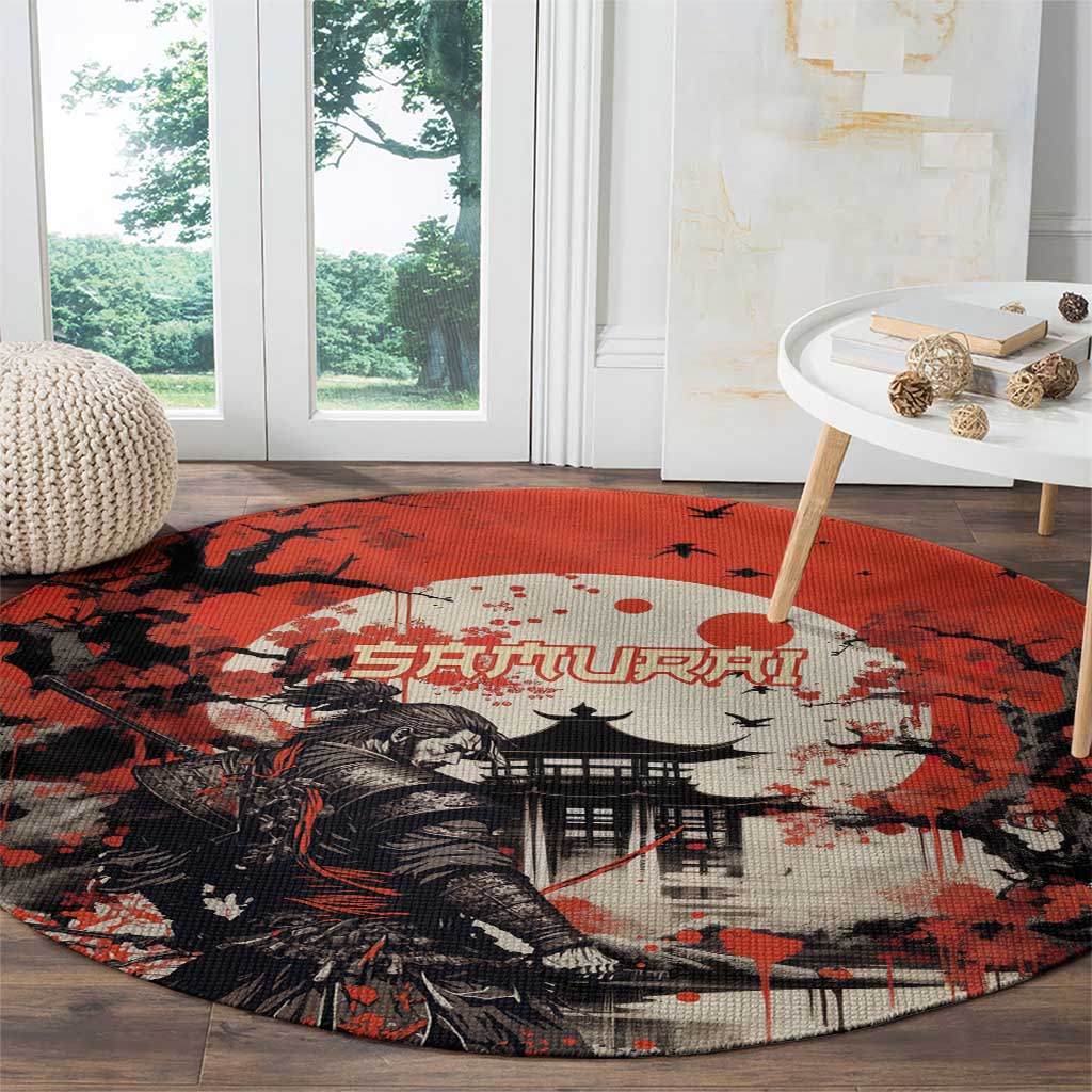 Samurai Warrior Japan Round Carpet Red-blossomed Tree Classic Japanese Stylized - Wonder Print Shop
