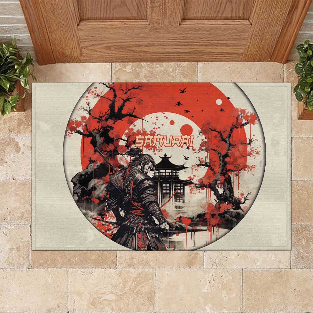 Samurai Warrior Japan Rubber Doormat Red-blossomed Tree Classic Japanese Stylized - Wonder Print Shop