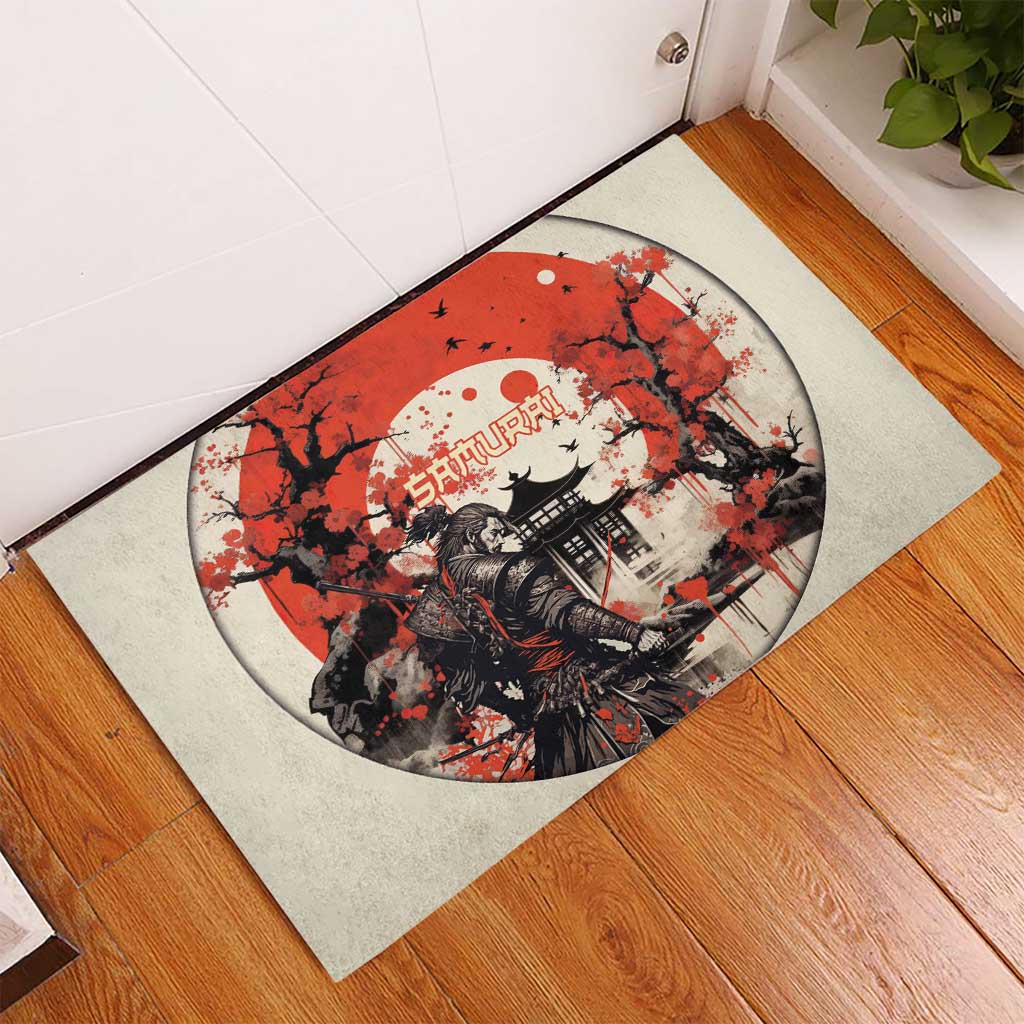 Samurai Warrior Japan Rubber Doormat Red-blossomed Tree Classic Japanese Stylized - Wonder Print Shop