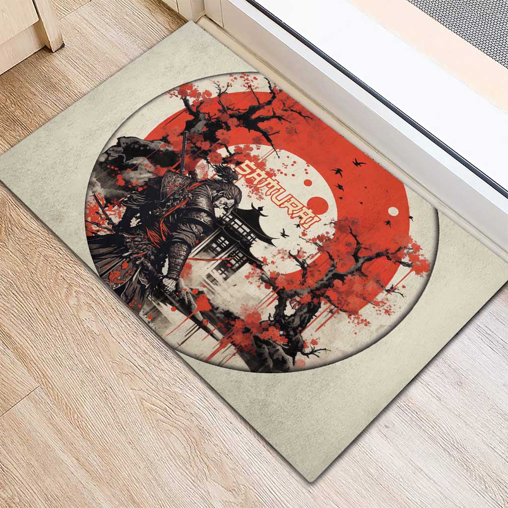 Samurai Warrior Japan Rubber Doormat Red-blossomed Tree Classic Japanese Stylized - Wonder Print Shop