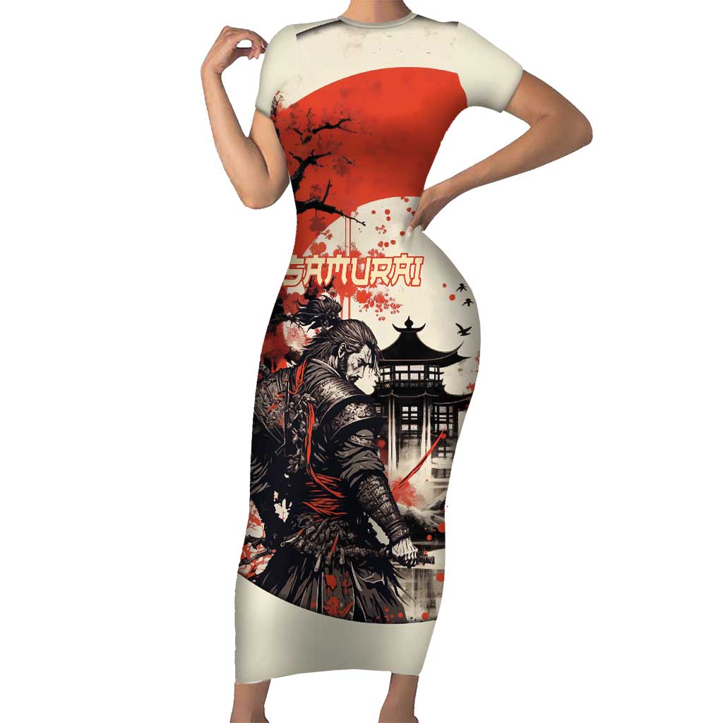 Samurai Warrior Japan Short Sleeve Bodycon Dress Red-blossomed Tree Classic Japanese Stylized - Wonder Print Shop