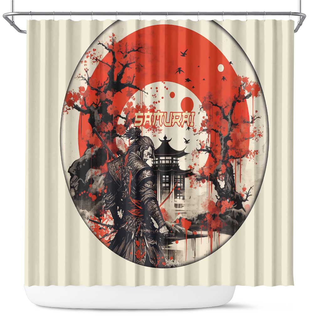 Samurai Warrior Japan Shower Curtain Red-blossomed Tree Classic Japanese Stylized - Wonder Print Shop