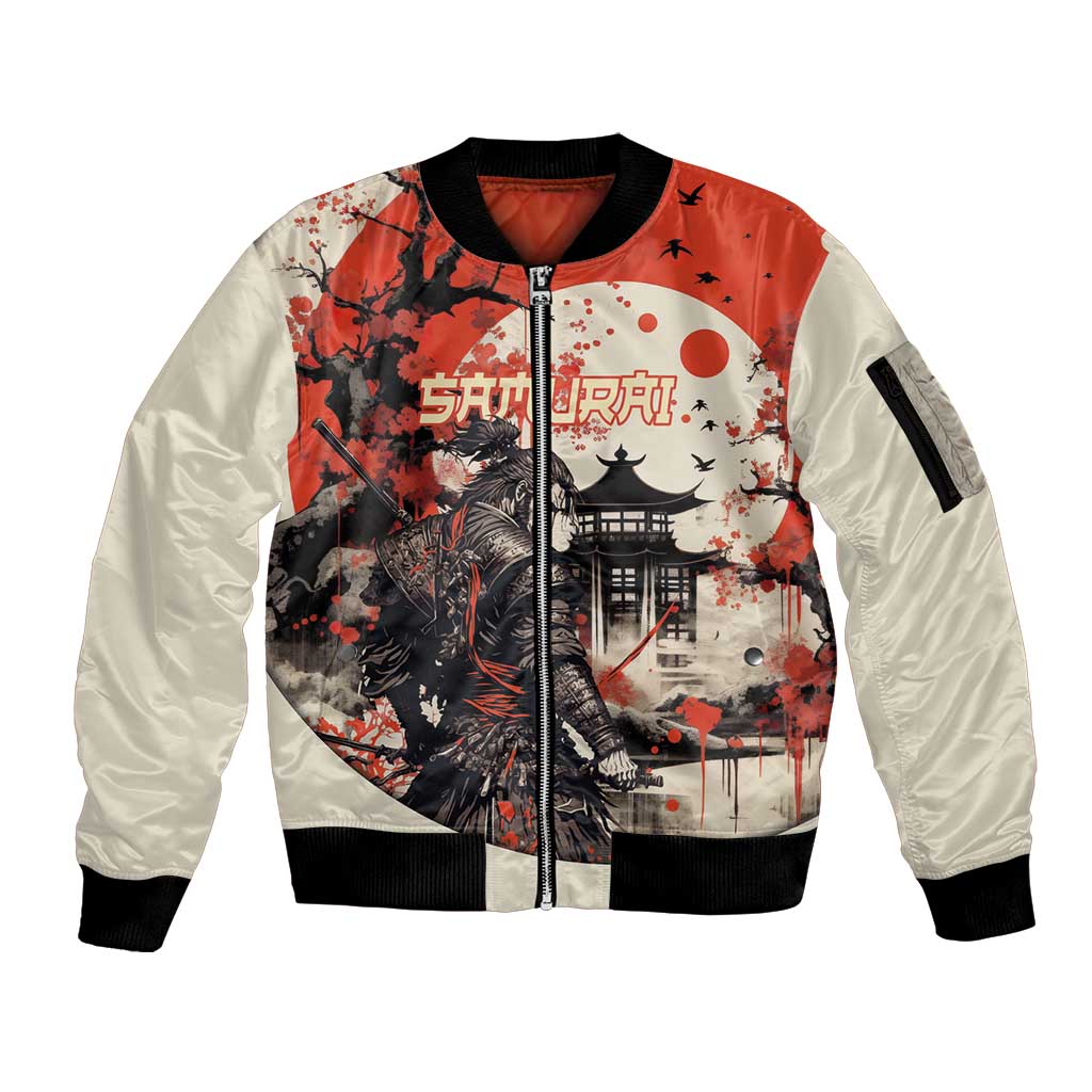 Samurai Warrior Japan Sleeve Zip Bomber Jacket Red-blossomed Tree Classic Japanese Stylized - Wonder Print Shop