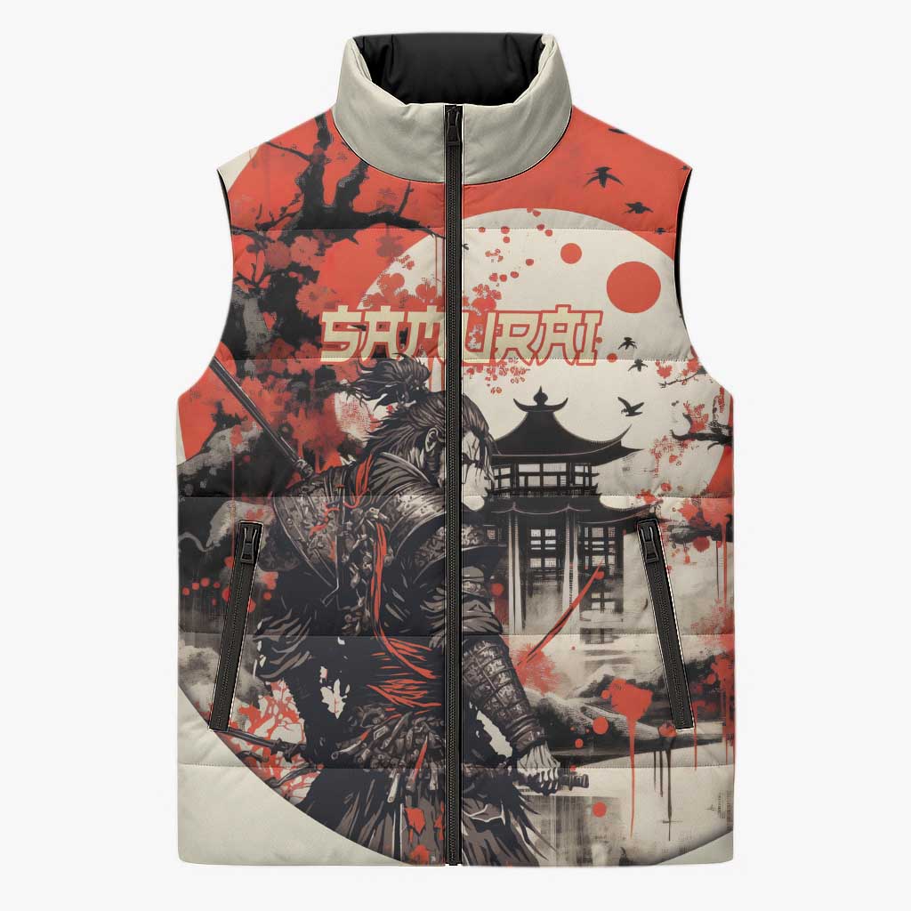 Samurai Warrior Japan Sleeveless Puffer Jacket Red-blossomed Tree Classic Japanese Stylized - Wonder Print Shop