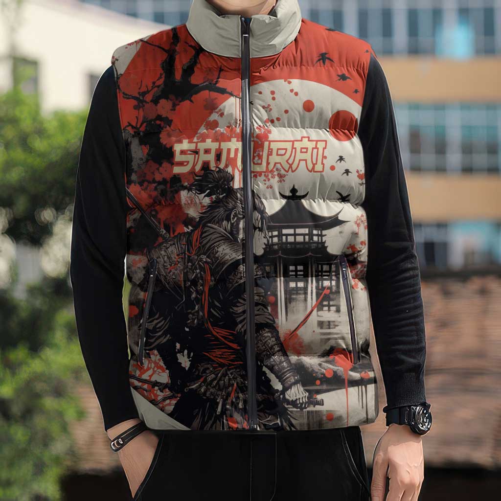 Samurai Warrior Japan Sleeveless Puffer Jacket Red-blossomed Tree Classic Japanese Stylized - Wonder Print Shop