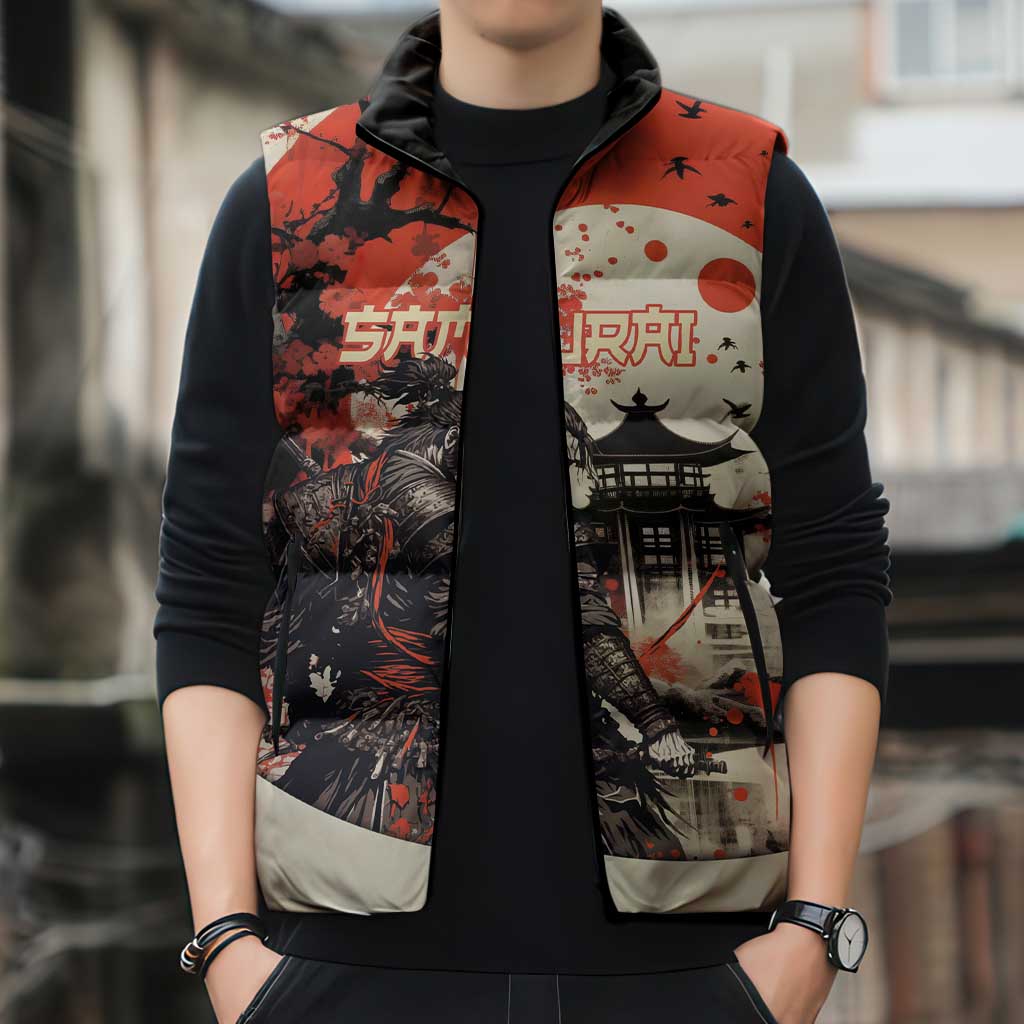 Samurai Warrior Japan Sleeveless Puffer Jacket Red-blossomed Tree Classic Japanese Stylized - Wonder Print Shop