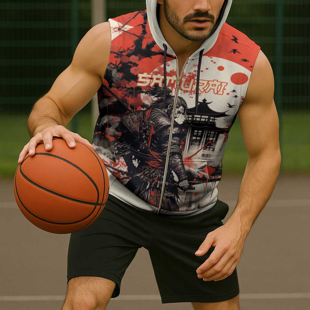 Samurai Warrior Japan Sleeveless Zip Hoodie Red-blossomed Tree Classic Japanese Stylized - Wonder Print Shop