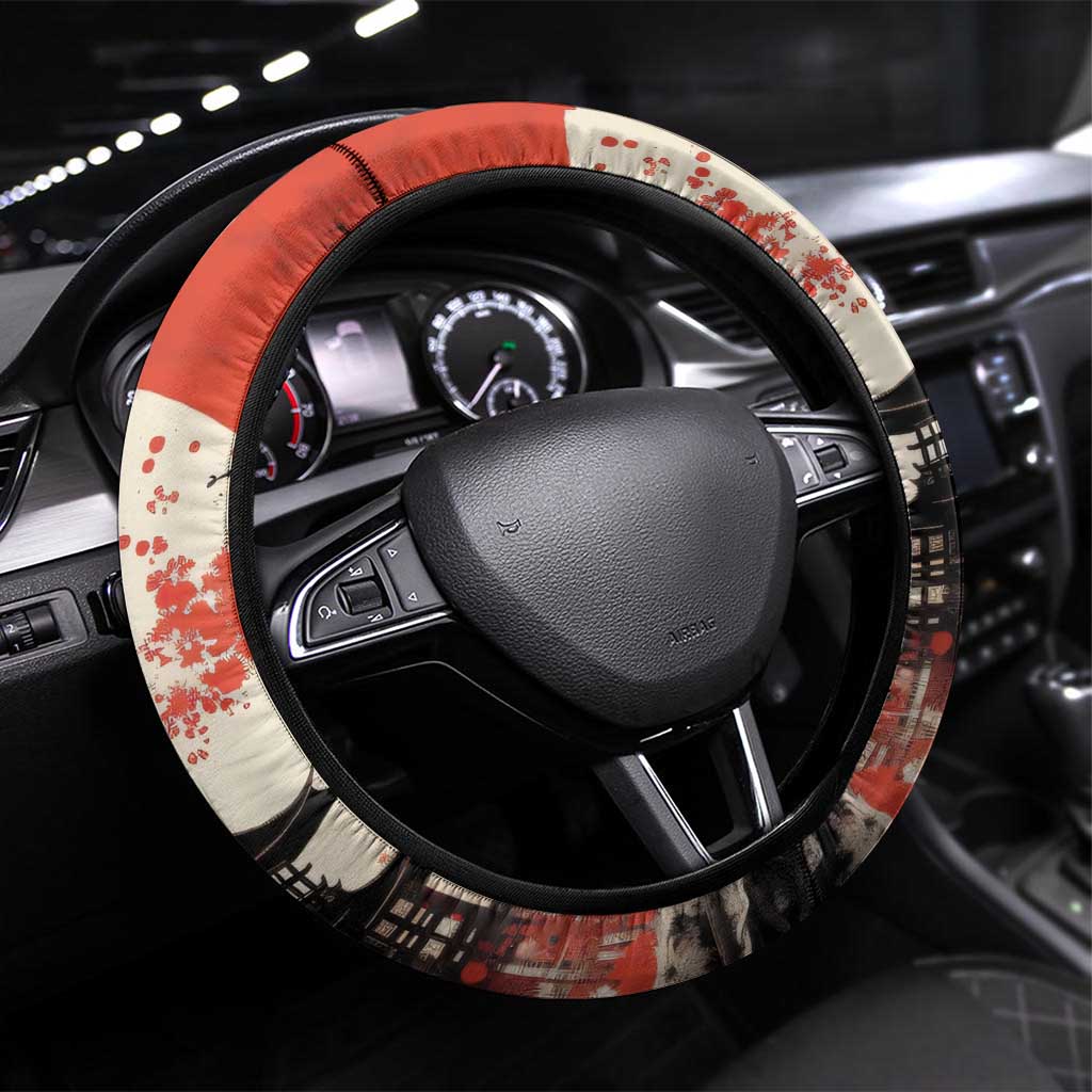 Samurai Warrior Japan Steering Wheel Cover Red-blossomed Tree Classic Japanese Stylized - Wonder Print Shop