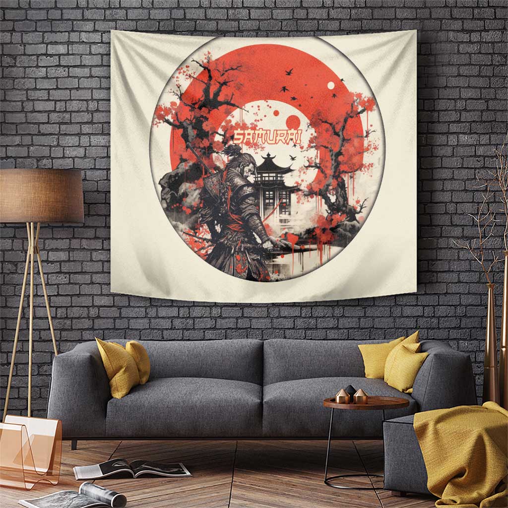 Samurai Warrior Japan Tapestry Red-blossomed Tree Classic Japanese Stylized - Wonder Print Shop