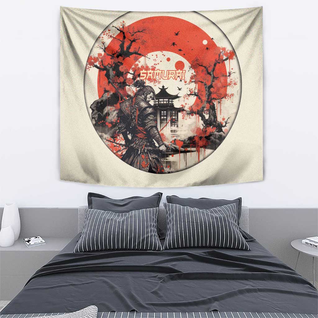 Samurai Warrior Japan Tapestry Red-blossomed Tree Classic Japanese Stylized - Wonder Print Shop