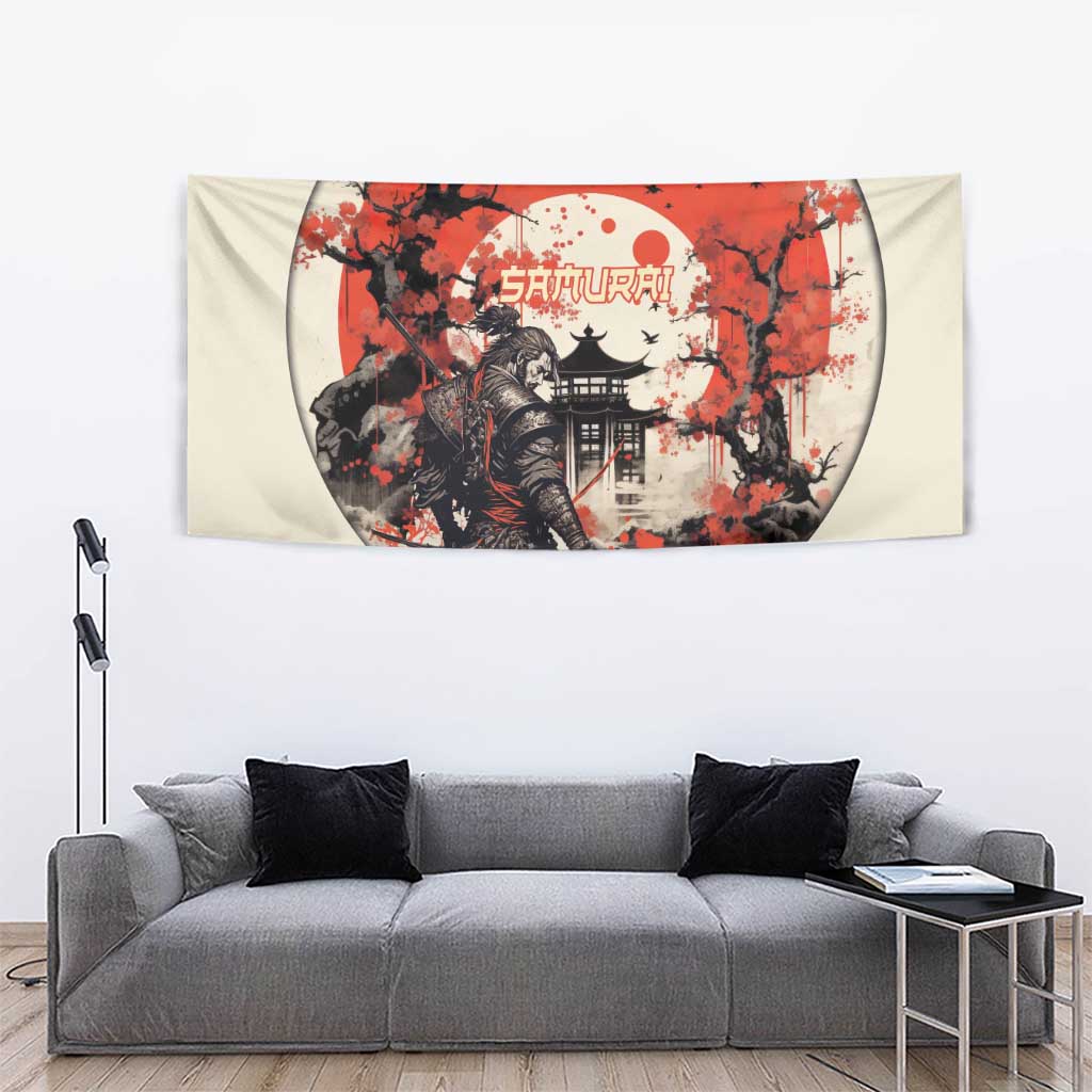 Samurai Warrior Japan Tapestry Red-blossomed Tree Classic Japanese Stylized - Wonder Print Shop