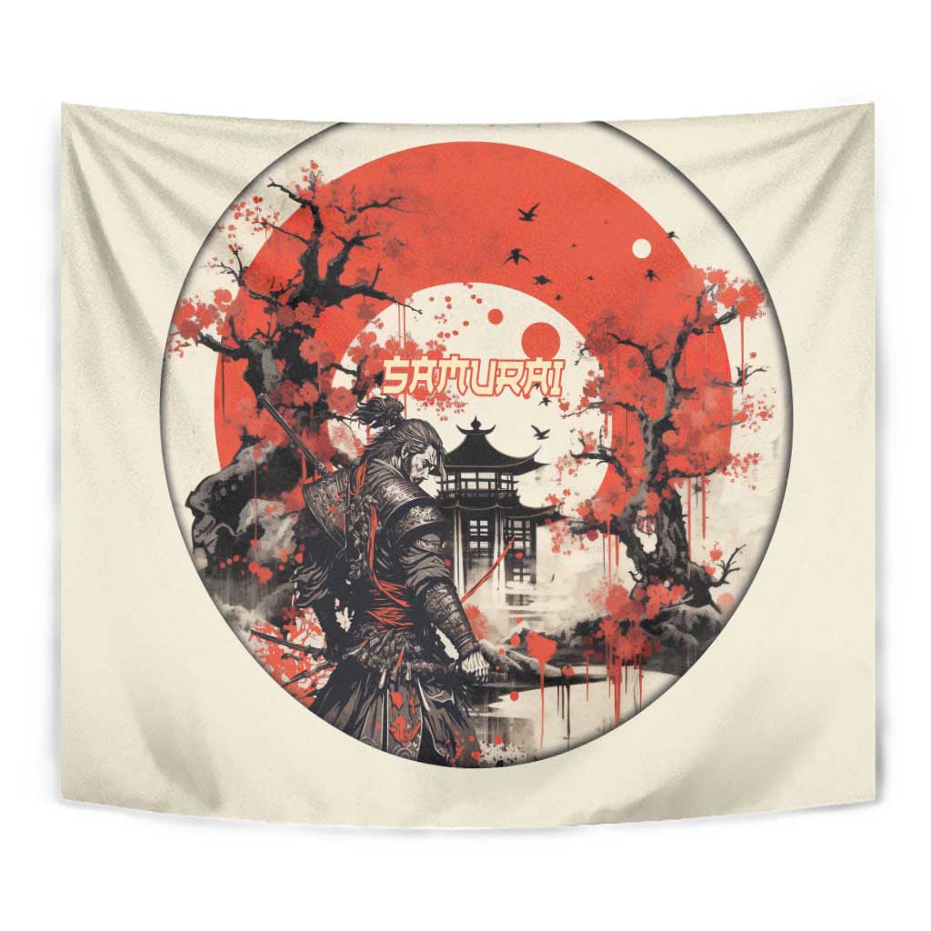 Samurai Warrior Japan Tapestry Red-blossomed Tree Classic Japanese Stylized - Wonder Print Shop