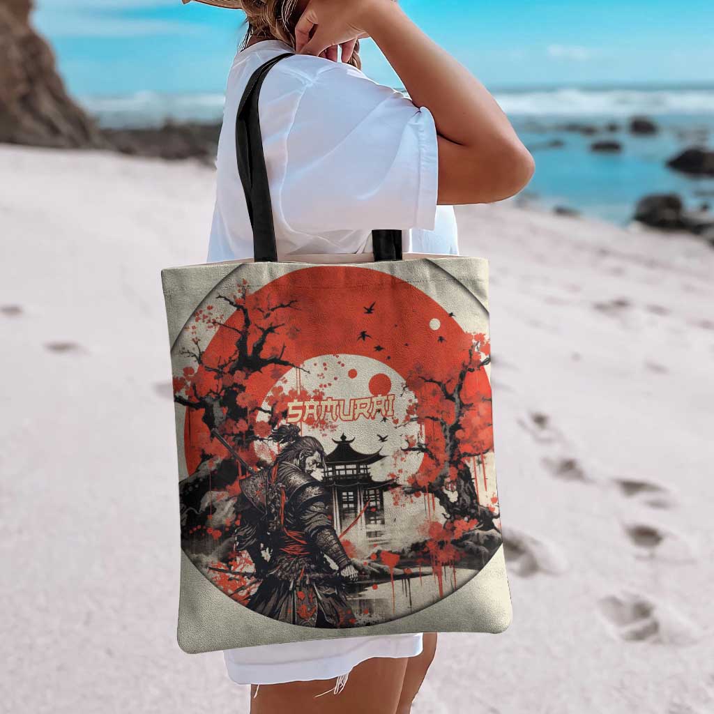 Samurai Warrior Japan Tote Bag Red-blossomed Tree Classic Japanese Stylized - Wonder Print Shop