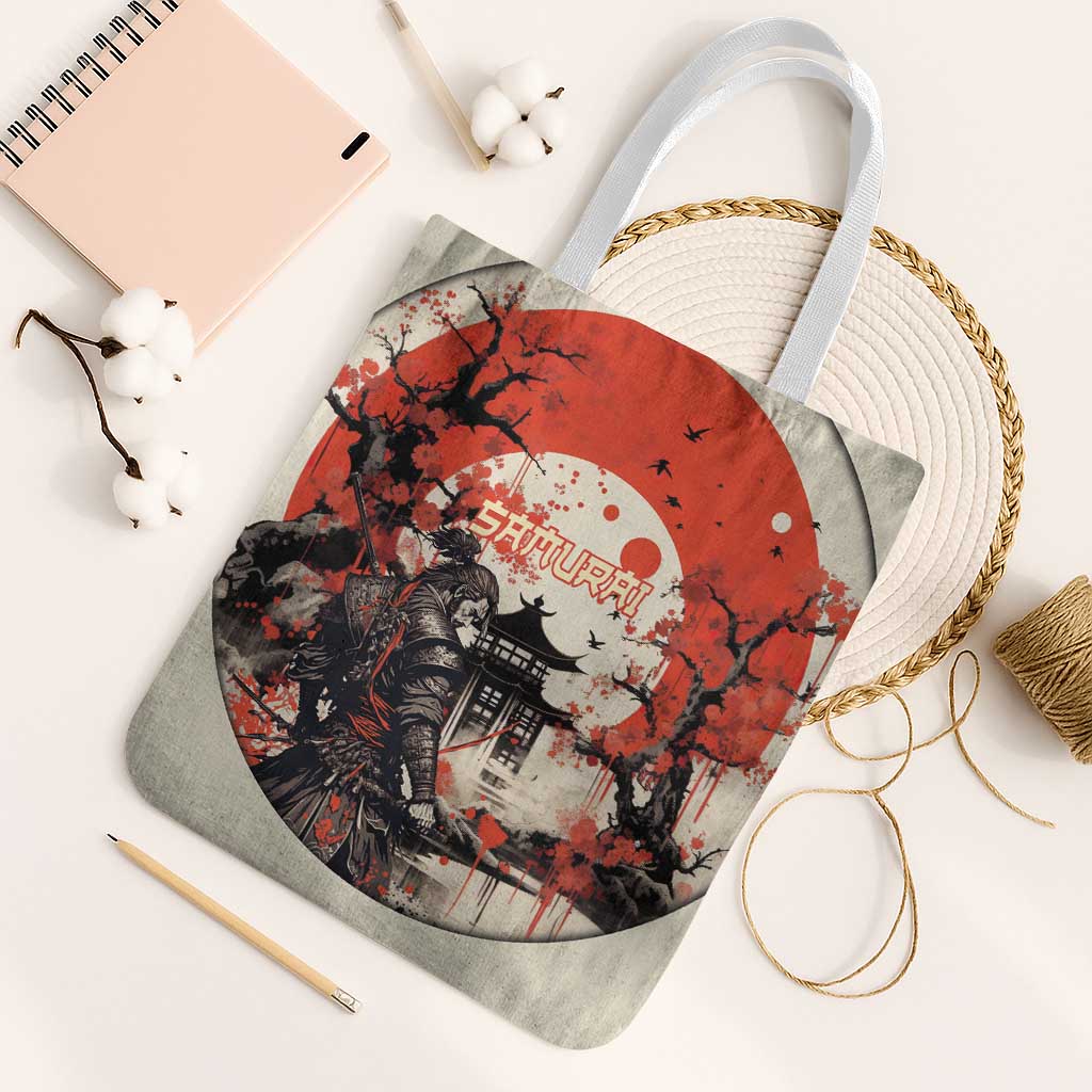 Samurai Warrior Japan Tote Bag Red-blossomed Tree Classic Japanese Stylized - Wonder Print Shop