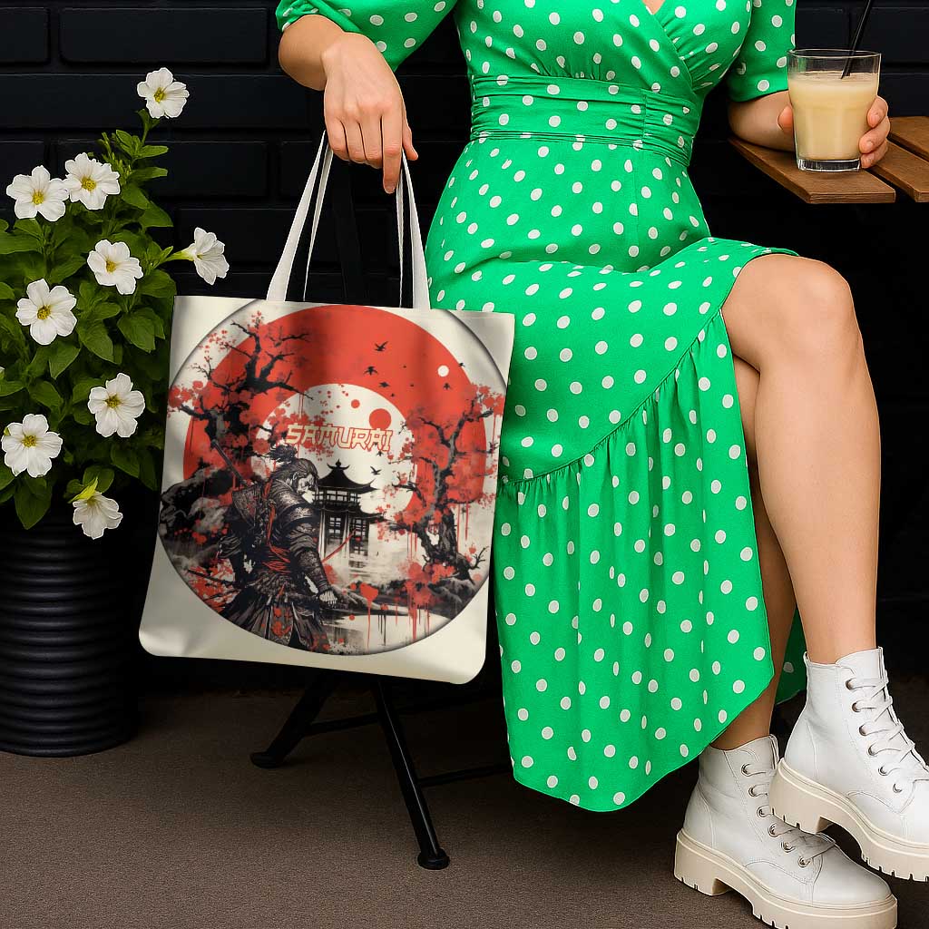 Samurai Warrior Japan Tote Bag Red-blossomed Tree Classic Japanese Stylized - Wonder Print Shop