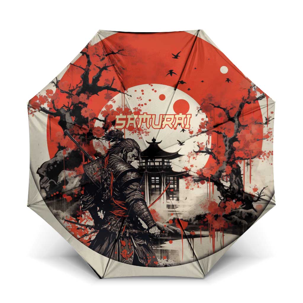 Samurai Warrior Japan Umbrella Red-blossomed Tree Classic Japanese Stylized - Wonder Print Shop