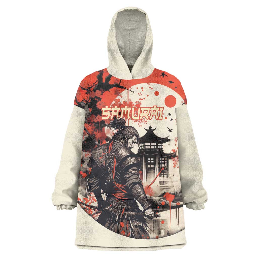 Samurai Warrior Japan Wearable Blanket Hoodie Red-blossomed Tree Classic Japanese Stylized - Wonder Print Shop