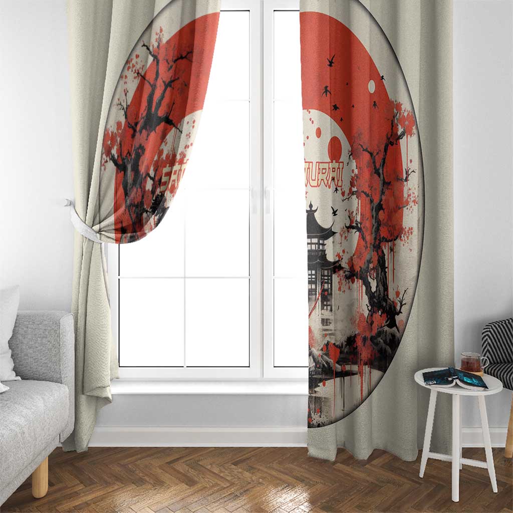 Samurai Warrior Japan Window Curtain Red-blossomed Tree Classic Japanese Stylized - Wonder Print Shop