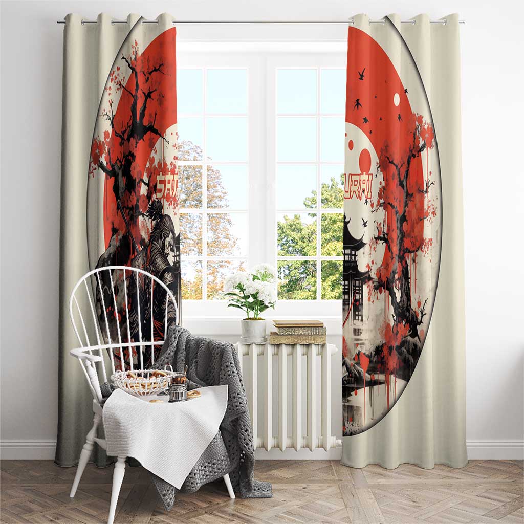 Samurai Warrior Japan Window Curtain Red-blossomed Tree Classic Japanese Stylized - Wonder Print Shop