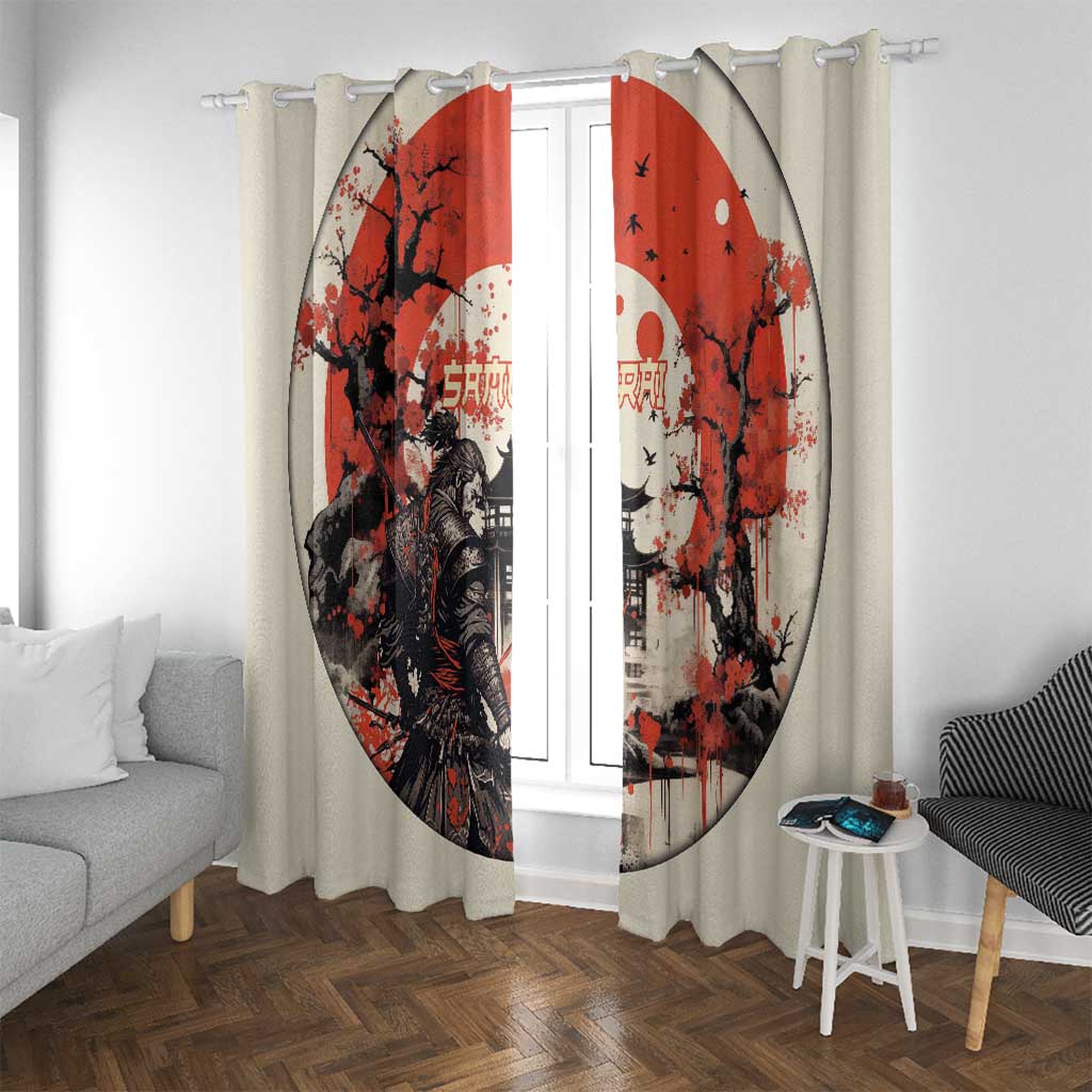 Samurai Warrior Japan Window Curtain Red-blossomed Tree Classic Japanese Stylized - Wonder Print Shop