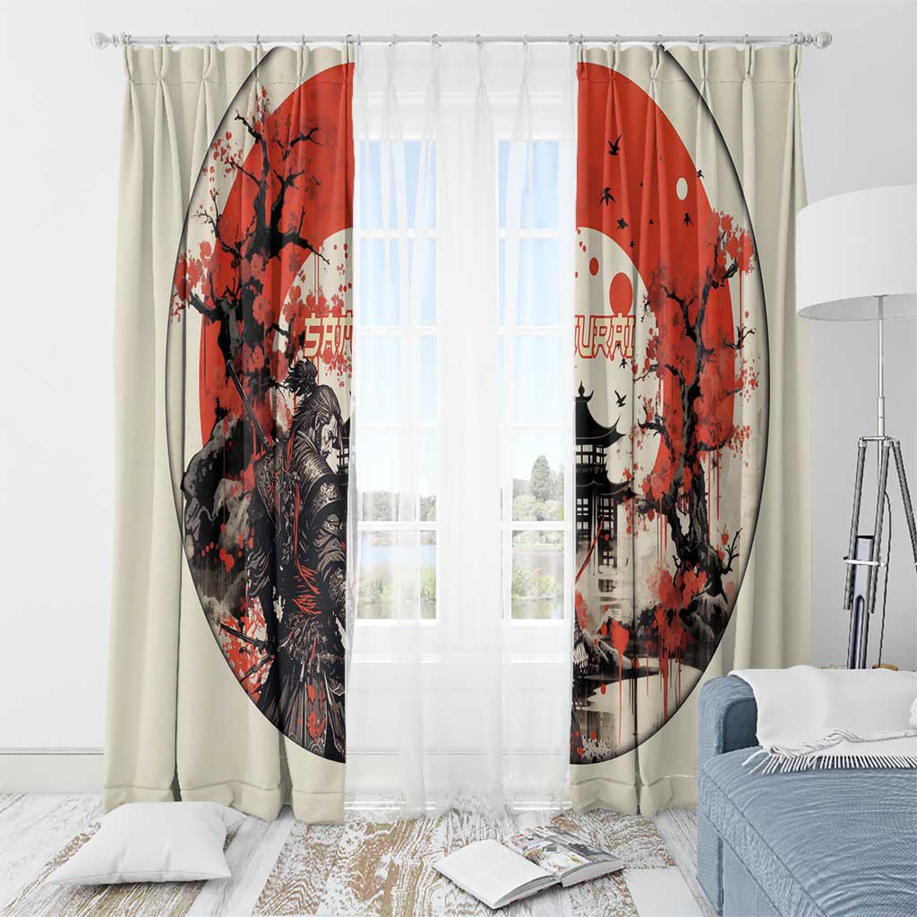 Samurai Warrior Japan Window Curtain Red-blossomed Tree Classic Japanese Stylized - Wonder Print Shop