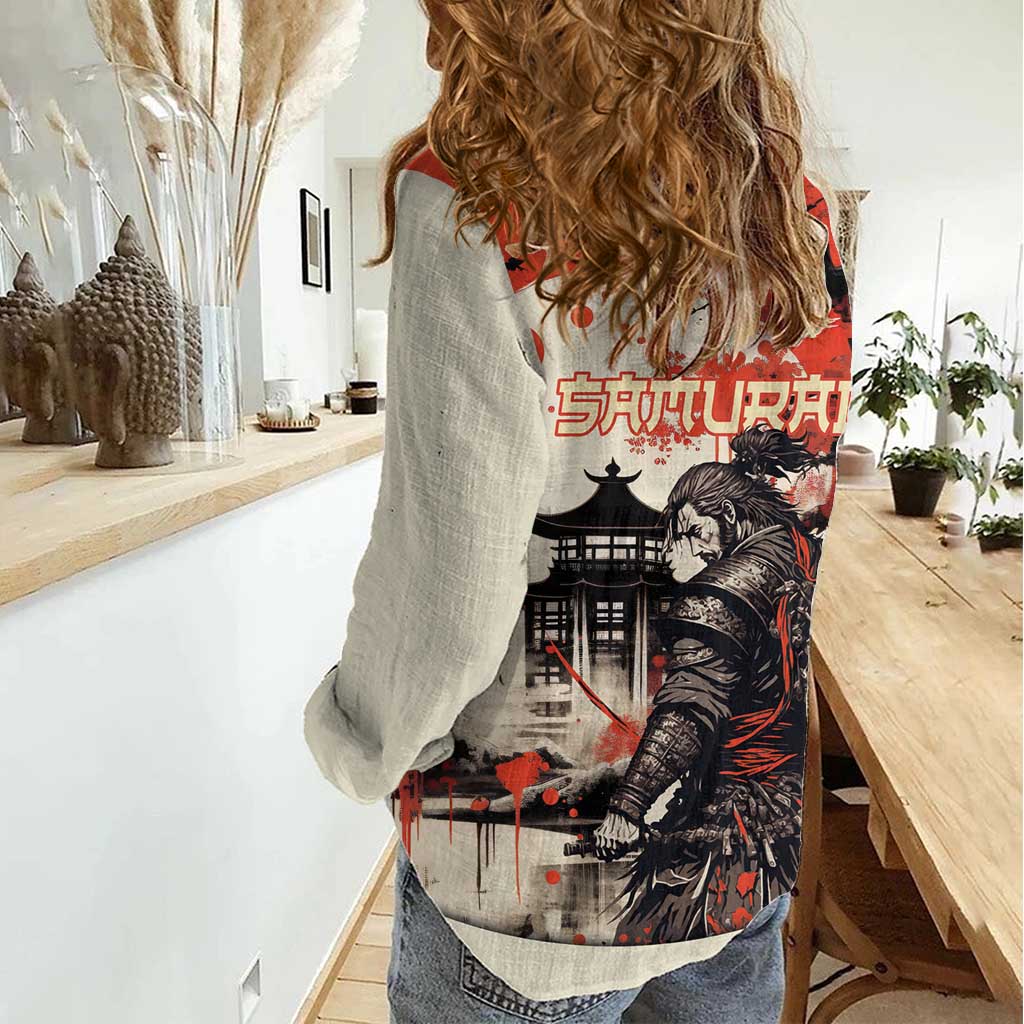 Samurai Warrior Japan Women Casual Shirt Red-blossomed Tree Classic Japanese Stylized - Wonder Print Shop
