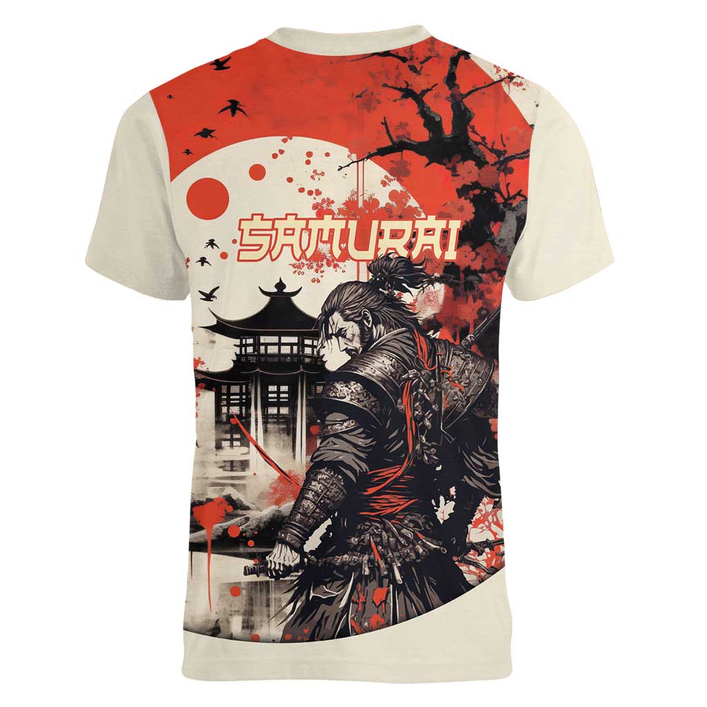 Samurai Warrior Japan Women V-Neck T-Shirt Red-blossomed Tree Classic Japanese Stylized - Wonder Print Shop