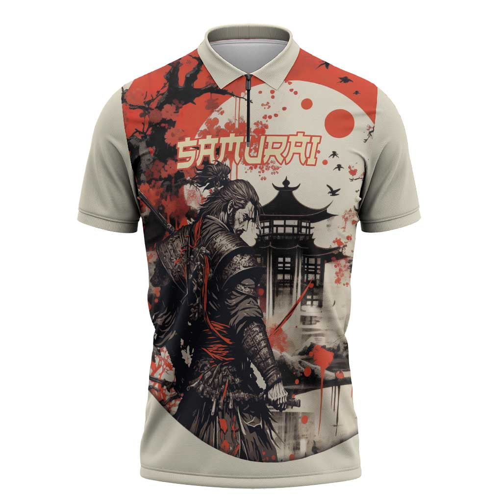 Samurai Warrior Japan Zipper Polo Shirt Red-blossomed Tree Classic Japanese Stylized - Wonder Print Shop