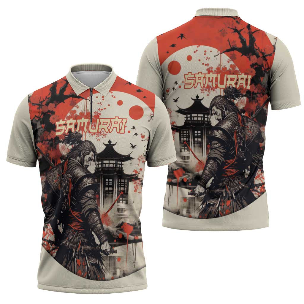 Samurai Warrior Japan Zipper Polo Shirt Red-blossomed Tree Classic Japanese Stylized - Wonder Print Shop