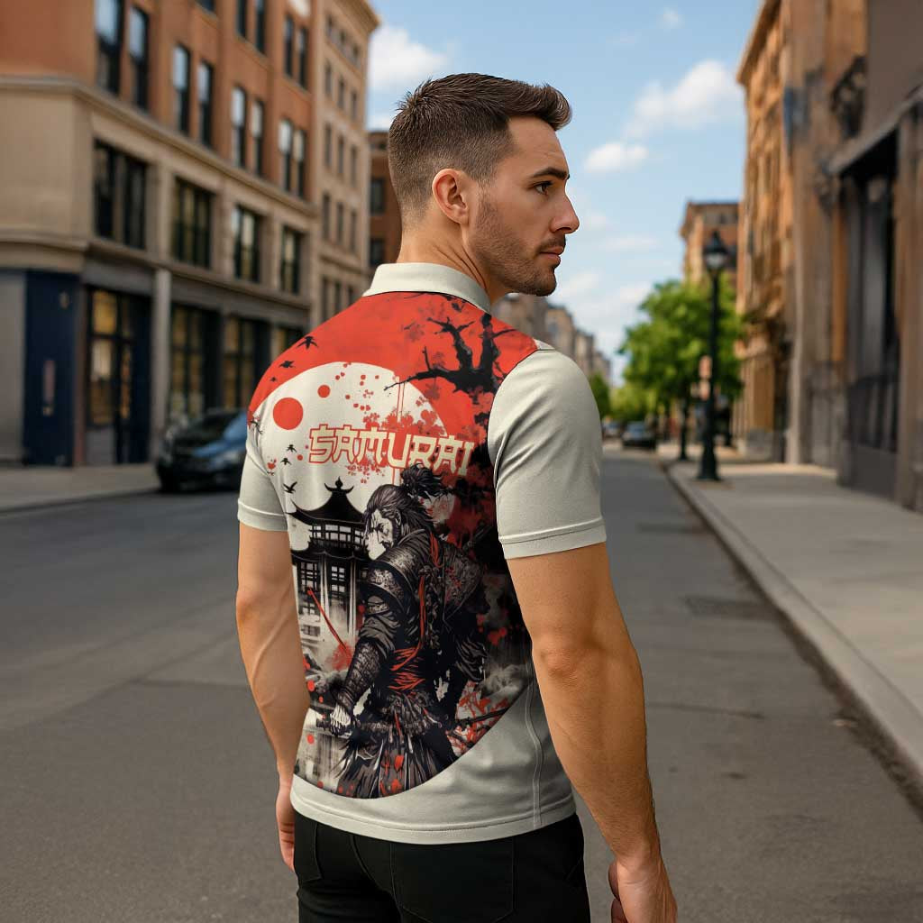 Samurai Warrior Japan Zipper Polo Shirt Red-blossomed Tree Classic Japanese Stylized - Wonder Print Shop