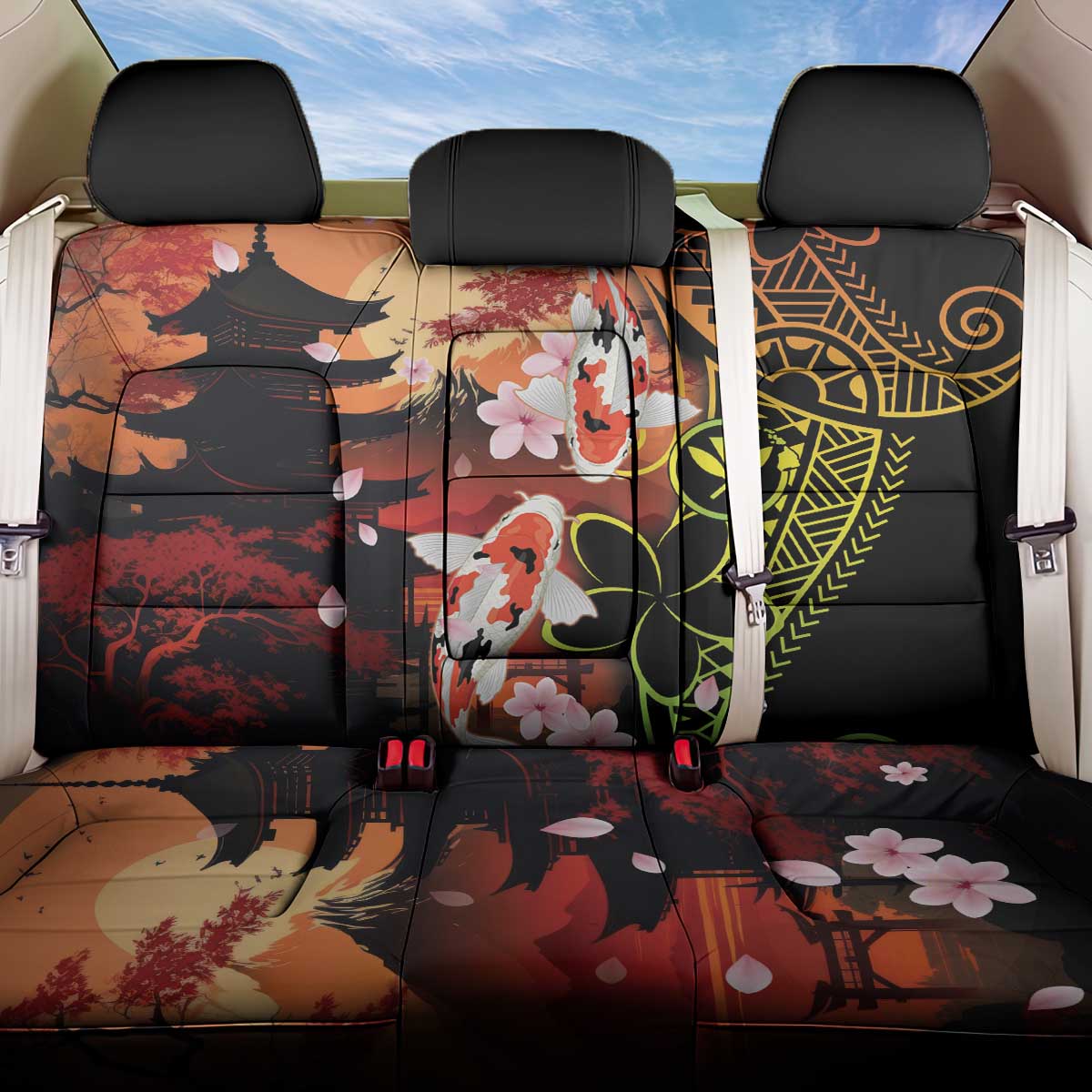 Hawaiian and Japanese Back Car Seat Cover Koi Fish With Kanaka Polynesian Tattoo - Wonder Print Shop