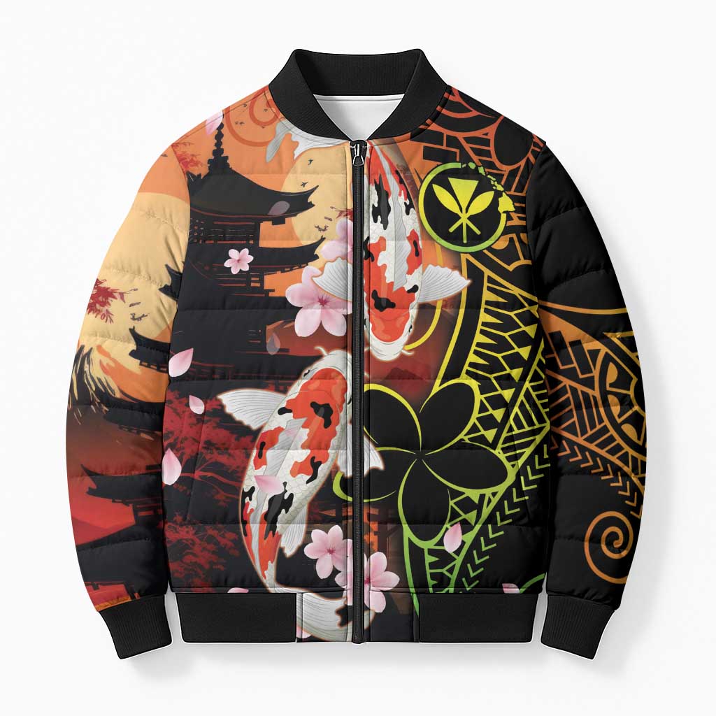Hawaiian and Japanese Bomber Puffer Jacket Koi Fish With Kanaka Polynesian Tattoo - Wonder Print Shop