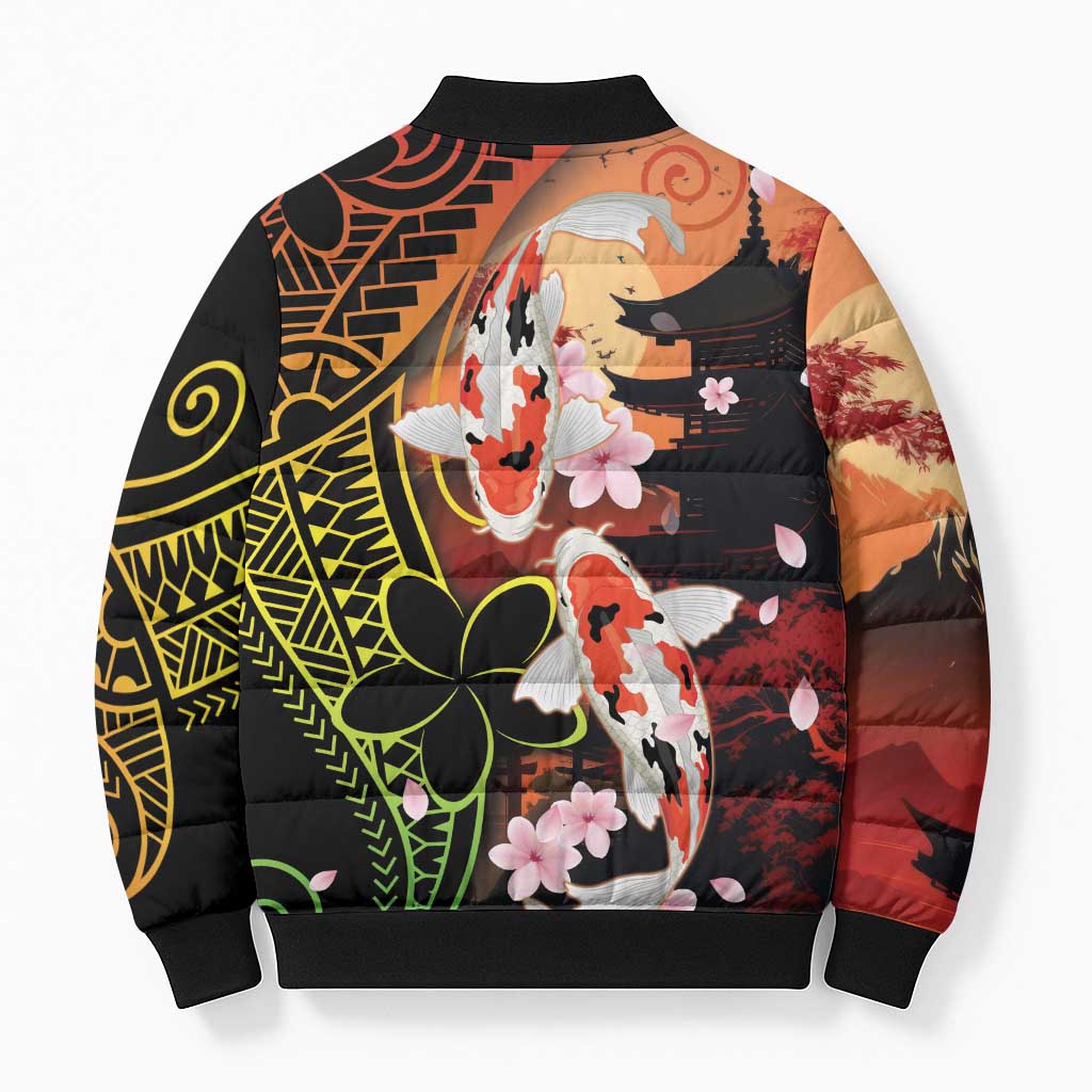 Hawaiian and Japanese Bomber Puffer Jacket Koi Fish With Kanaka Polynesian Tattoo - Wonder Print Shop