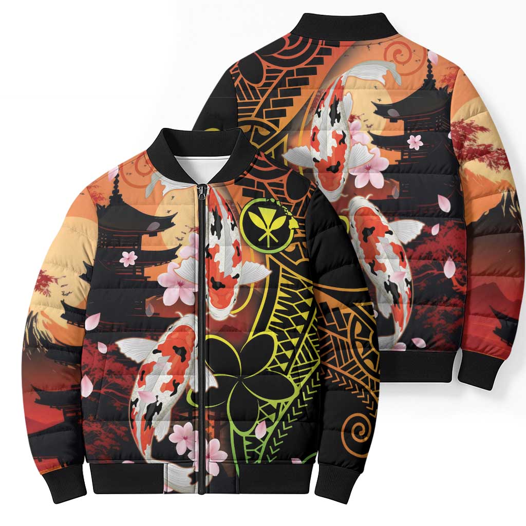 Hawaiian and Japanese Bomber Puffer Jacket Koi Fish With Kanaka Polynesian Tattoo - Wonder Print Shop