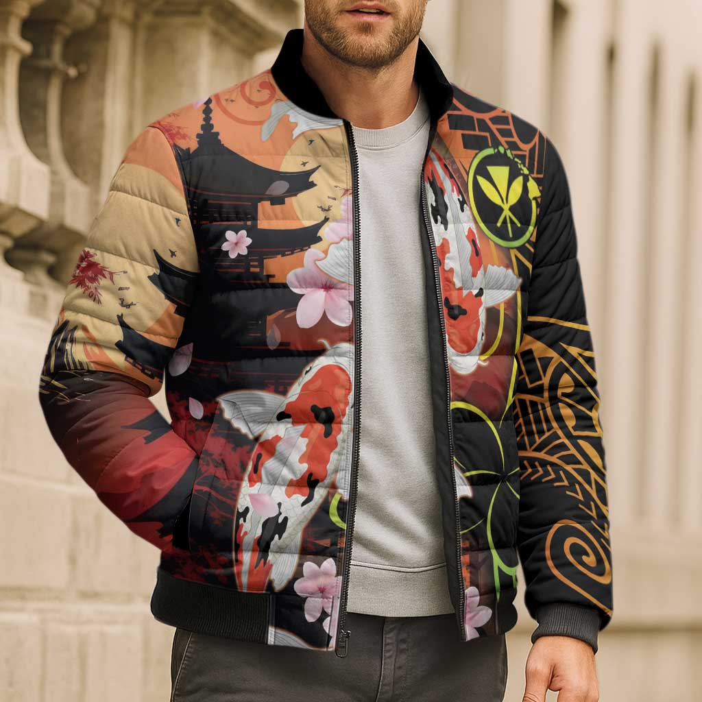 Hawaiian and Japanese Bomber Puffer Jacket Koi Fish With Kanaka Polynesian Tattoo - Wonder Print Shop